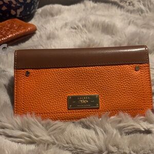 Lauren Ralph Lauren Orange and Brown Leather Pebbled Wallet with Gold Plaque